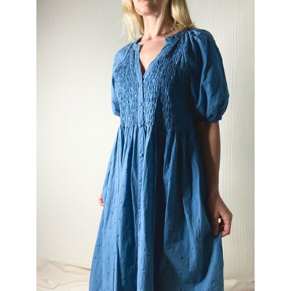 MNG Cotton Blue Smocked Puff Sleeve Maxi Dress NWT US 8 - Picture 2 of 12